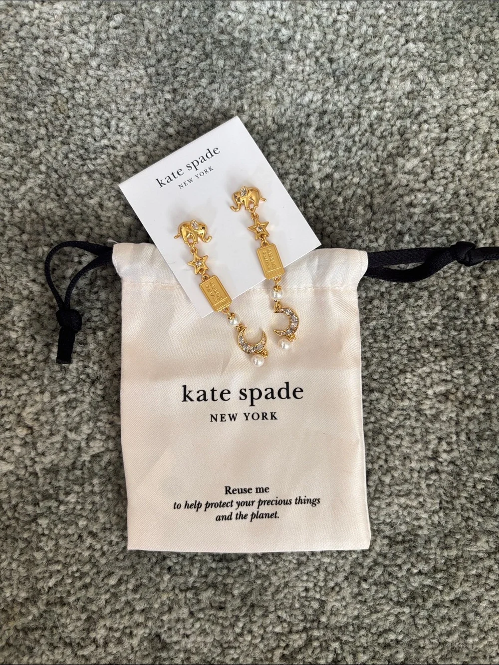 kate spade Elephant Gold Moon & Star Dangle Earrings with pouch